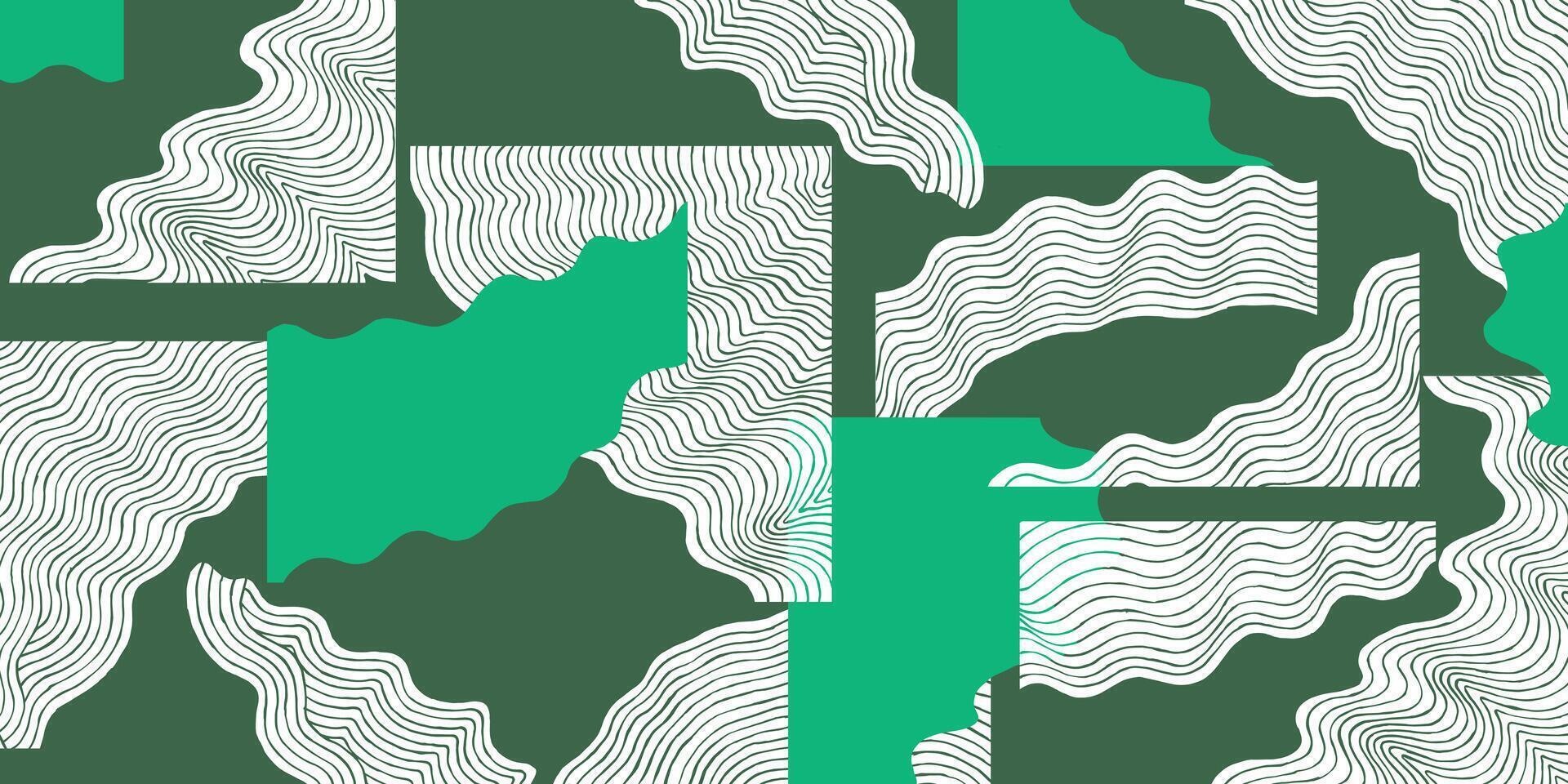 Crafted hand drawn brush lines abstract wave and water composition pattern, Japanese and tribal nature inspired wood carving, block print texture background in green for carpet, textile vector