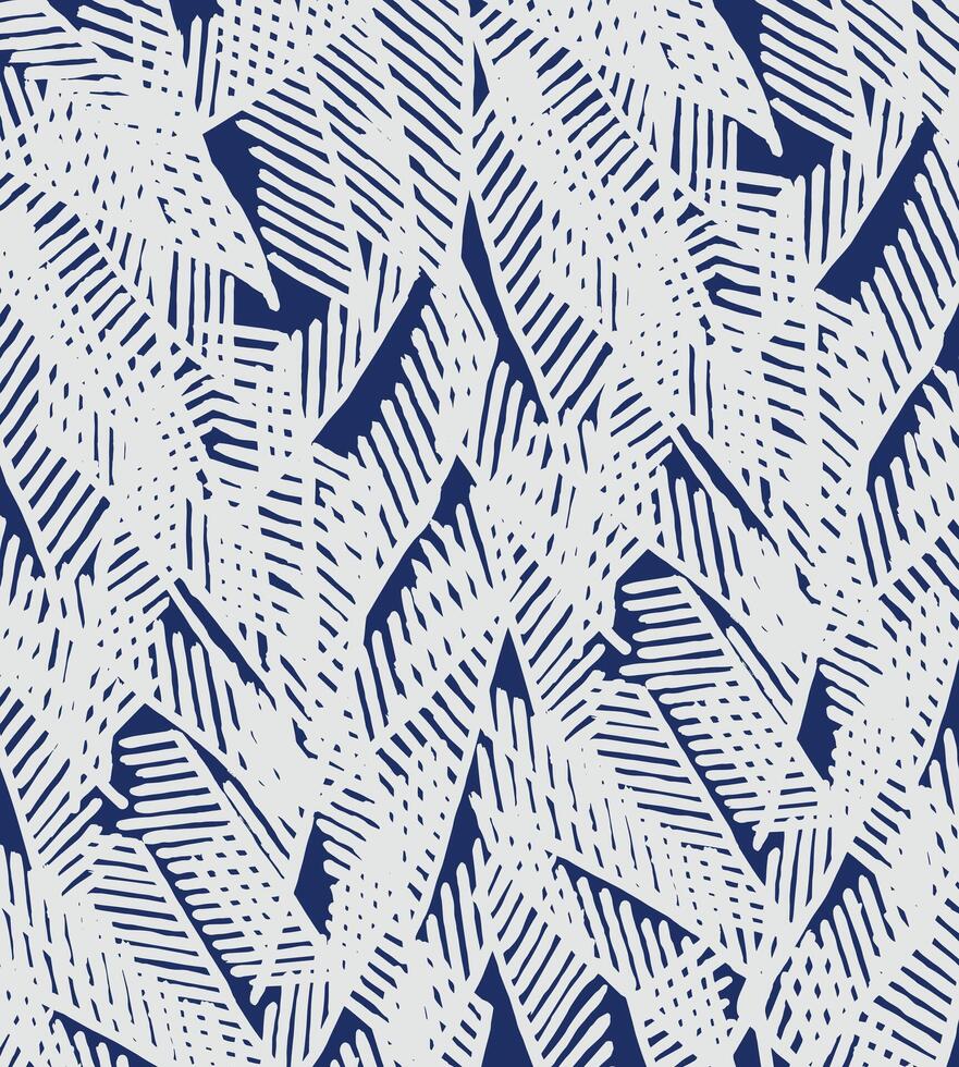 Abstract plant leaves foliage brush lines pattern in white and indigo blue, Japanese and ethnic hand drawn, wood carving, block print textured surface background, simple graphic for textile, carpet vector