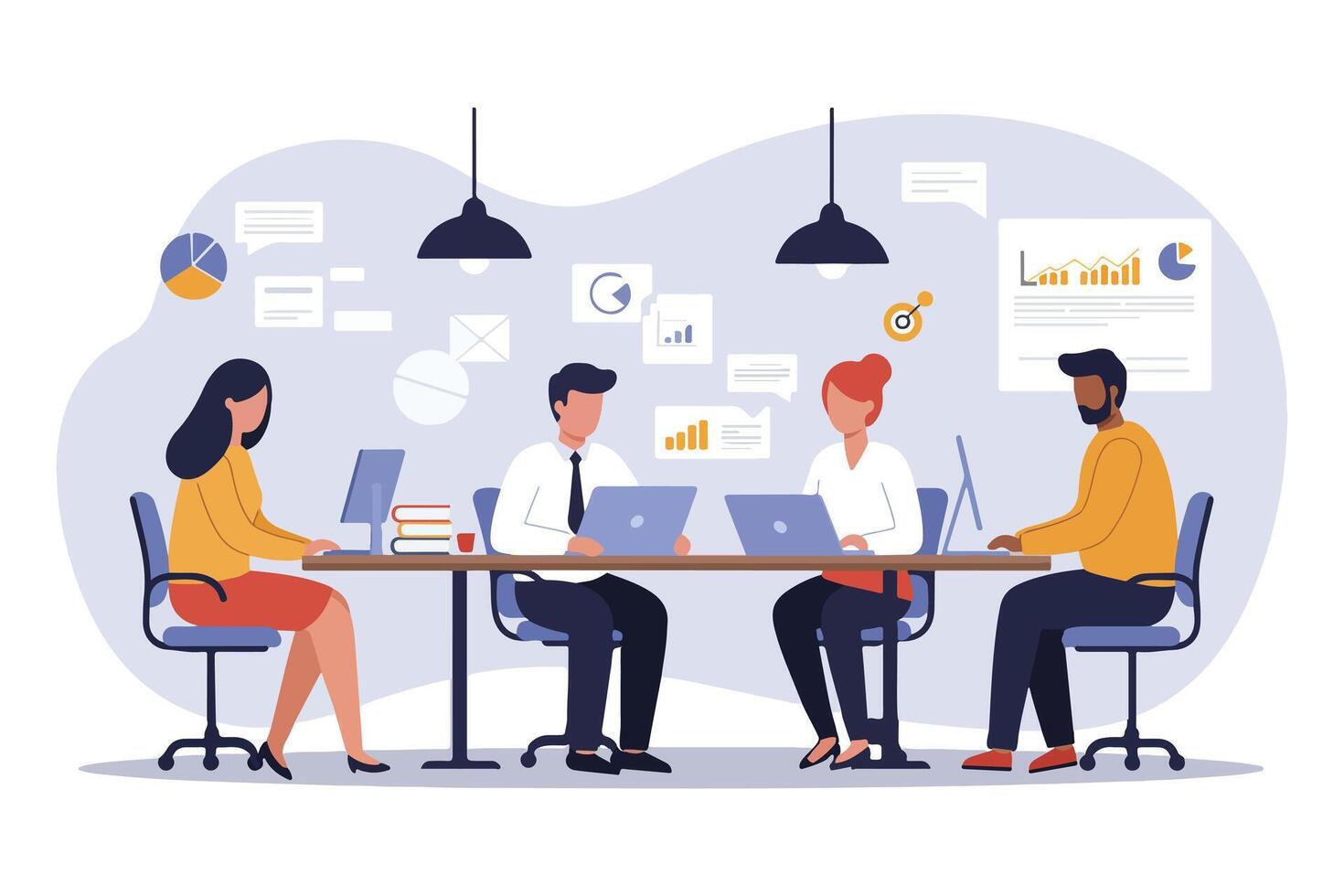 Business Team Brainstorming and Digital Workflow Flat Concept. vector