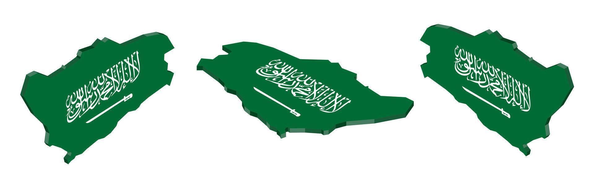 3D isometric illustration map of Saudi Arabia is shown with the national flag as a cover. The illustration includes isometric views from the top, left, and right. vector