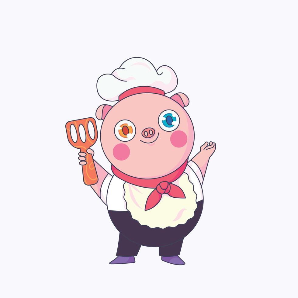 Adorable little pig dressed as a chef, happily cooking in a cute cartoon style, perfect for kids' themes. vector