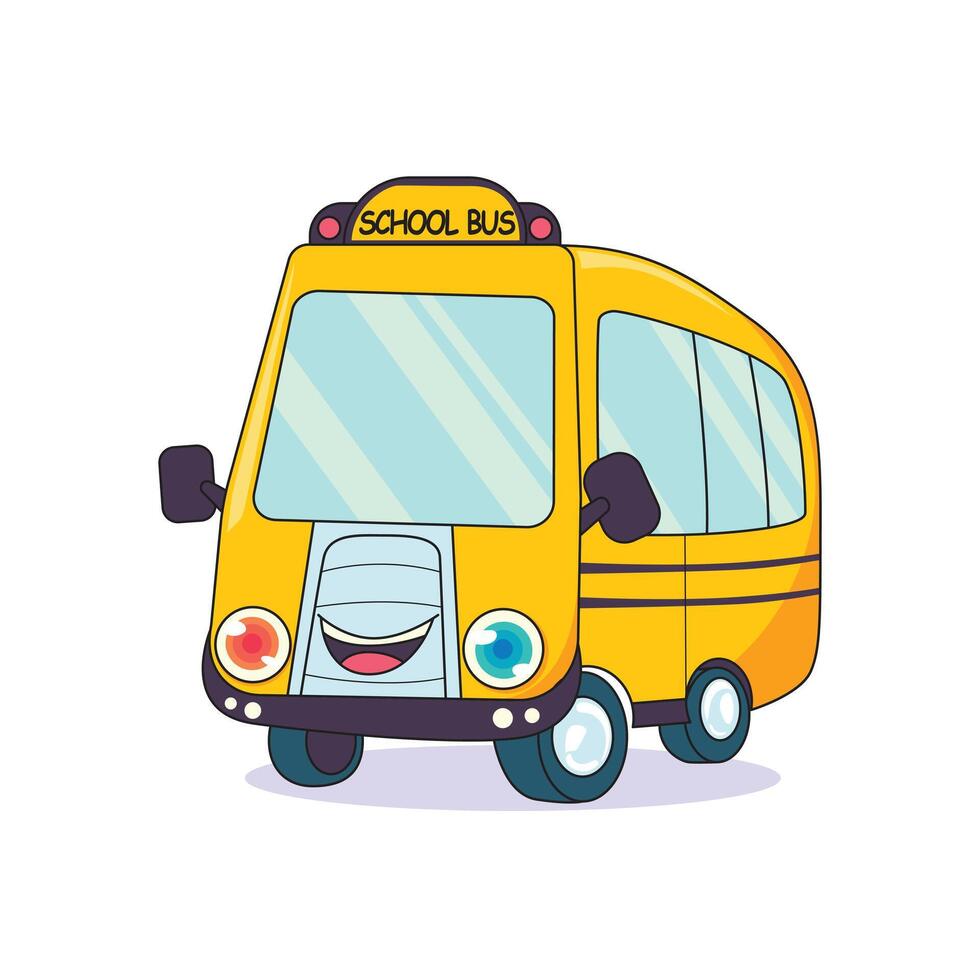 Cute yellow school bus with a cheerful expression, perfect for back-to-school themes and educational designs. vector