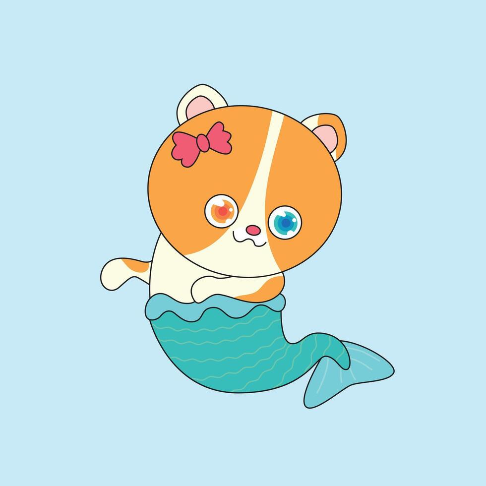 Adorable cartoon cat mermaid with orange fur and a blue tail, swimming happily in a cute and playful style vector