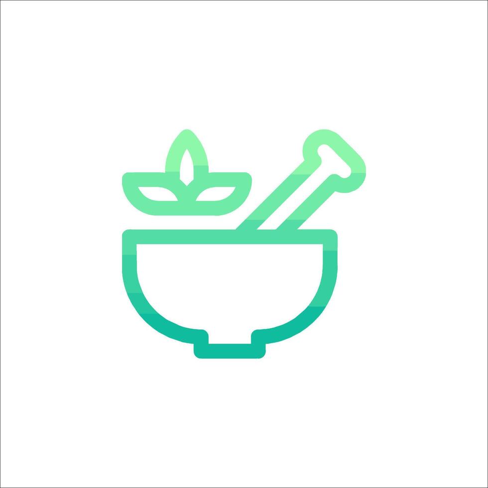A green and white icon of a mortar and pestle vector