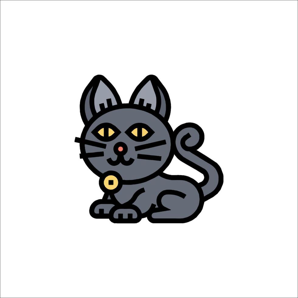 A black cat with yellow eyes is sitting on the ground vector
