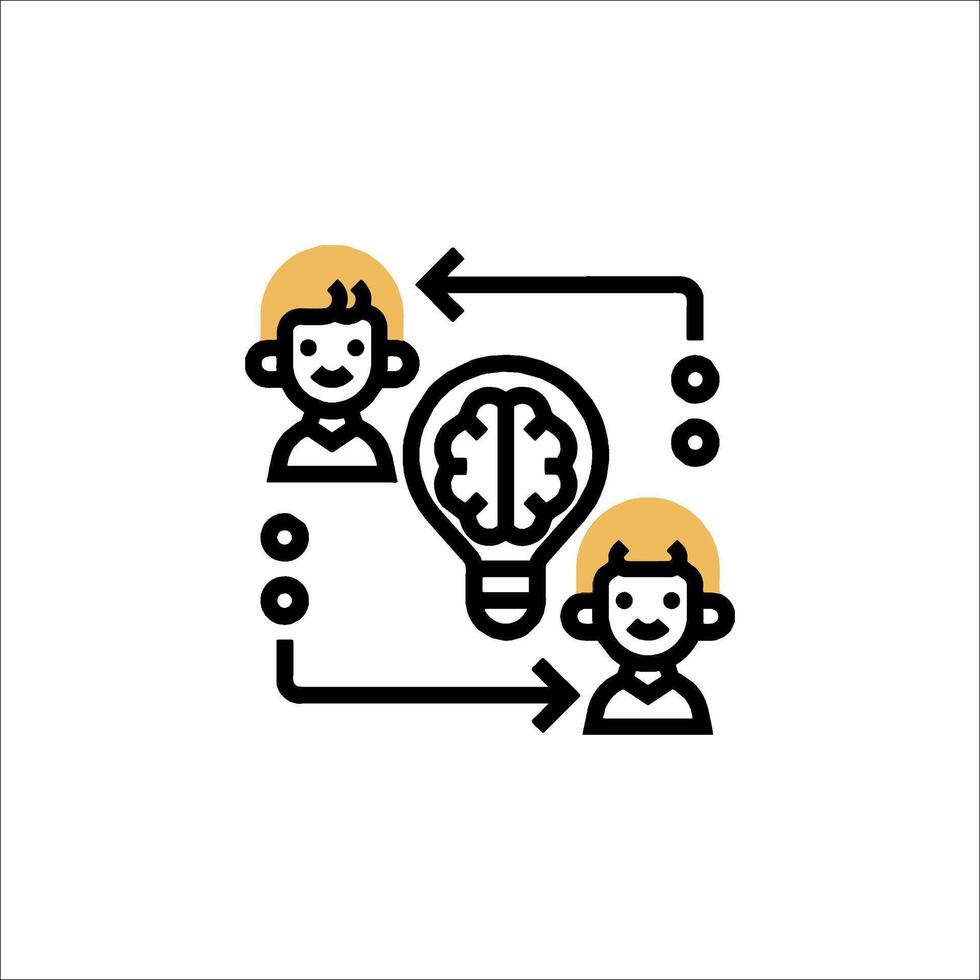 A black and white icon of two people with a light bulb vector