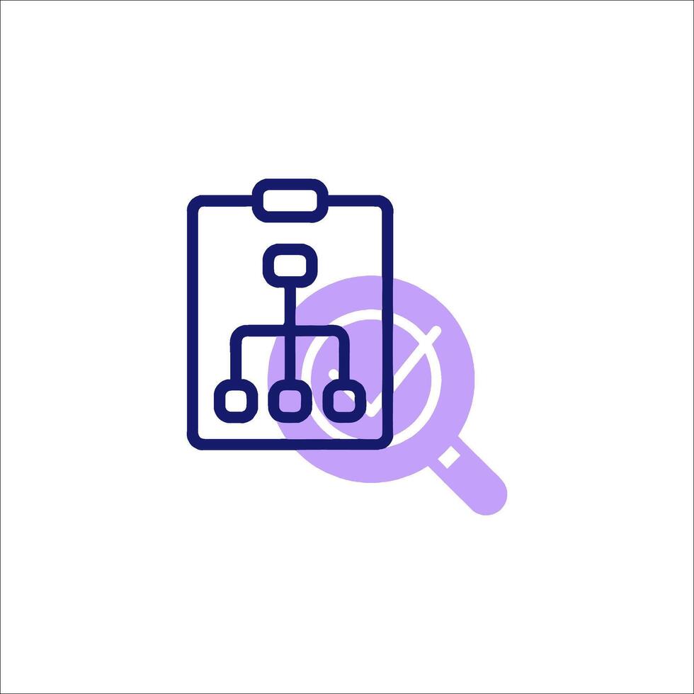A blue icon with a magnifying glass and a clipboard vector