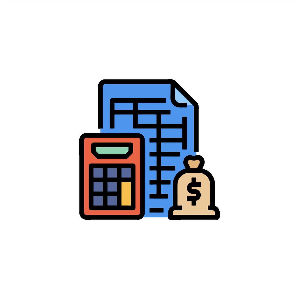 A calculator and a bag of money are shown in a line vector
