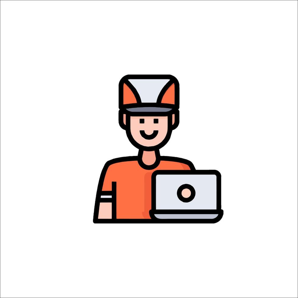 A man in an orange shirt holding a laptop vector