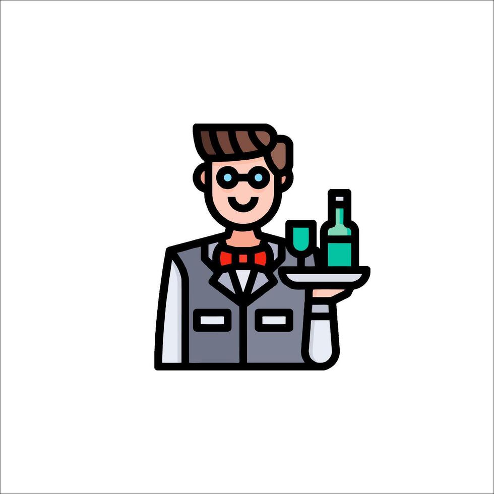 A waiter with a tray and a bottle of wine vector