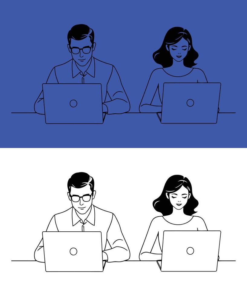 Business Teamwork Illustration of a Man and Woman Working on Laptops in an Office Environment, Collaboration and Productivity Concept for Workplace, Remote Work, Technology, and Professional Growth vector