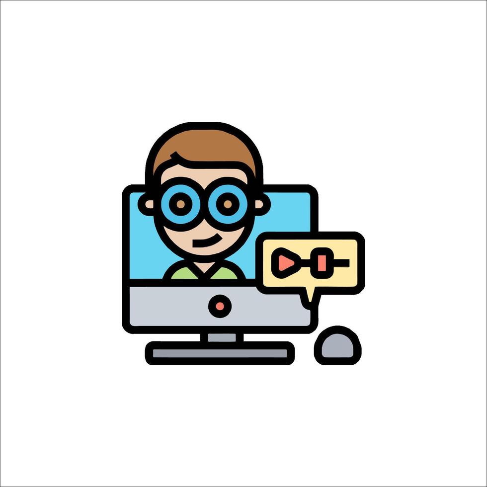 A man in glasses is sitting in front of a computer vector