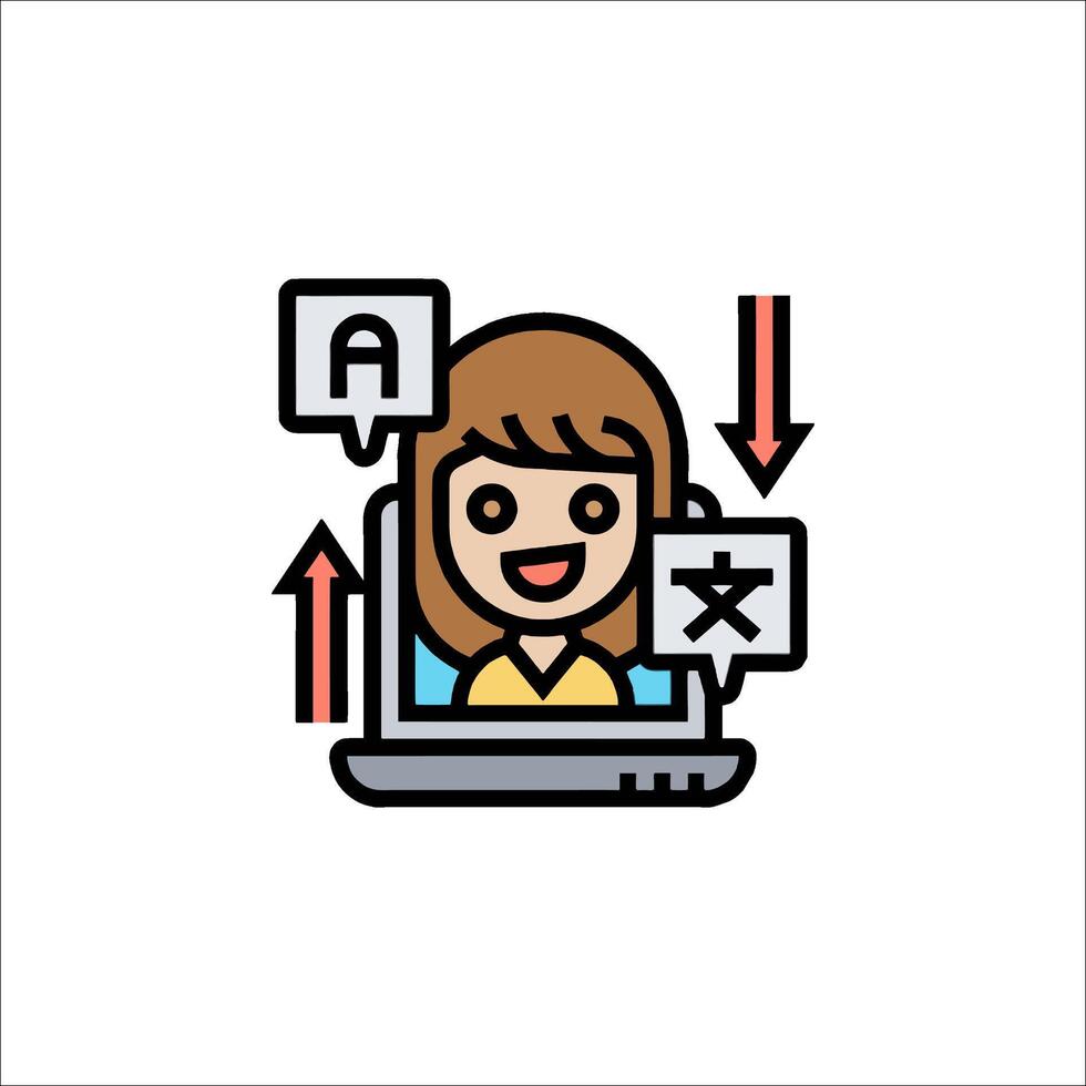 A woman is using a laptop with a chat icon vector