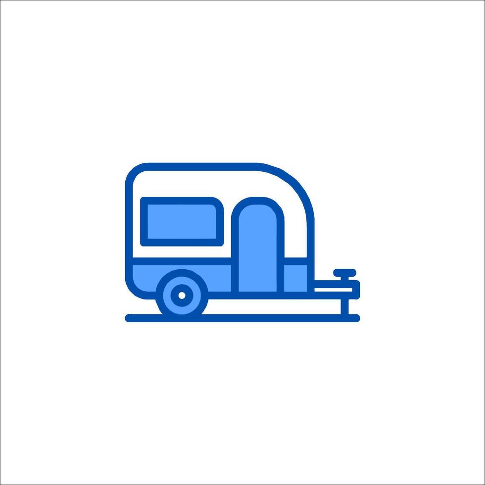 A blue line icon of a camper trailer vector