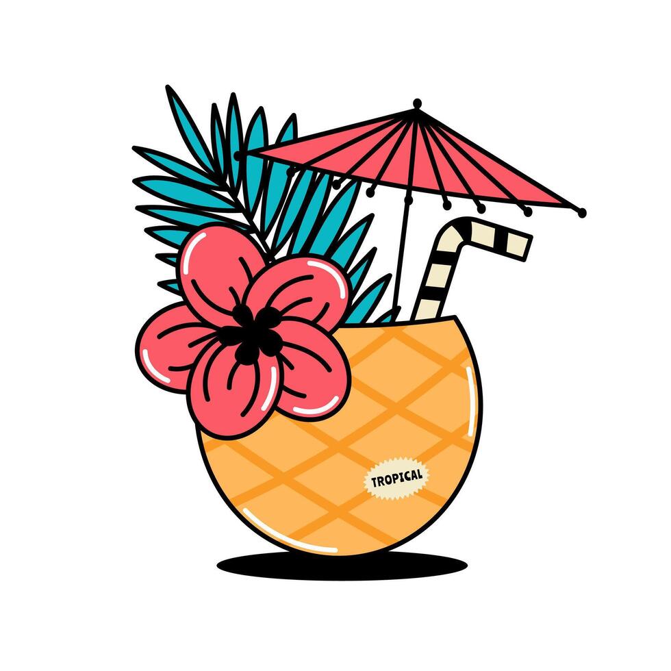 Pineapple exotic cocktail with flower, straw, umbrella and palm leaf. Summer fresh tropical juicy fruit drink for shake bar. Retro illustration on white background vector