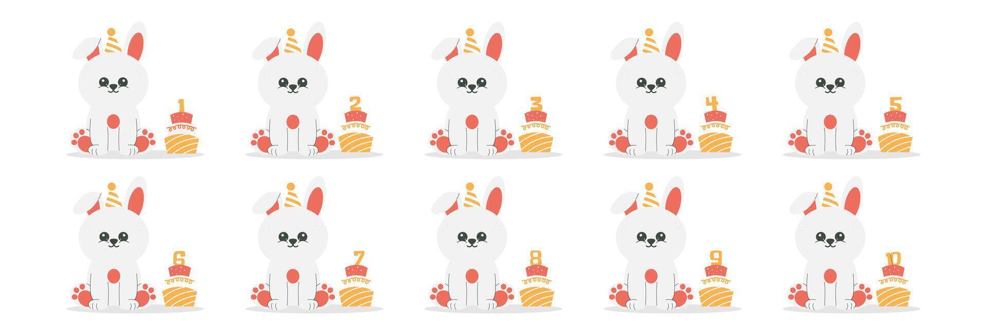 Cute rabbit character in hat, cake with number set. Beautiful elements for Kids Birthday Party invitation, greeting card, poster, event, prints and cake toppers design vector