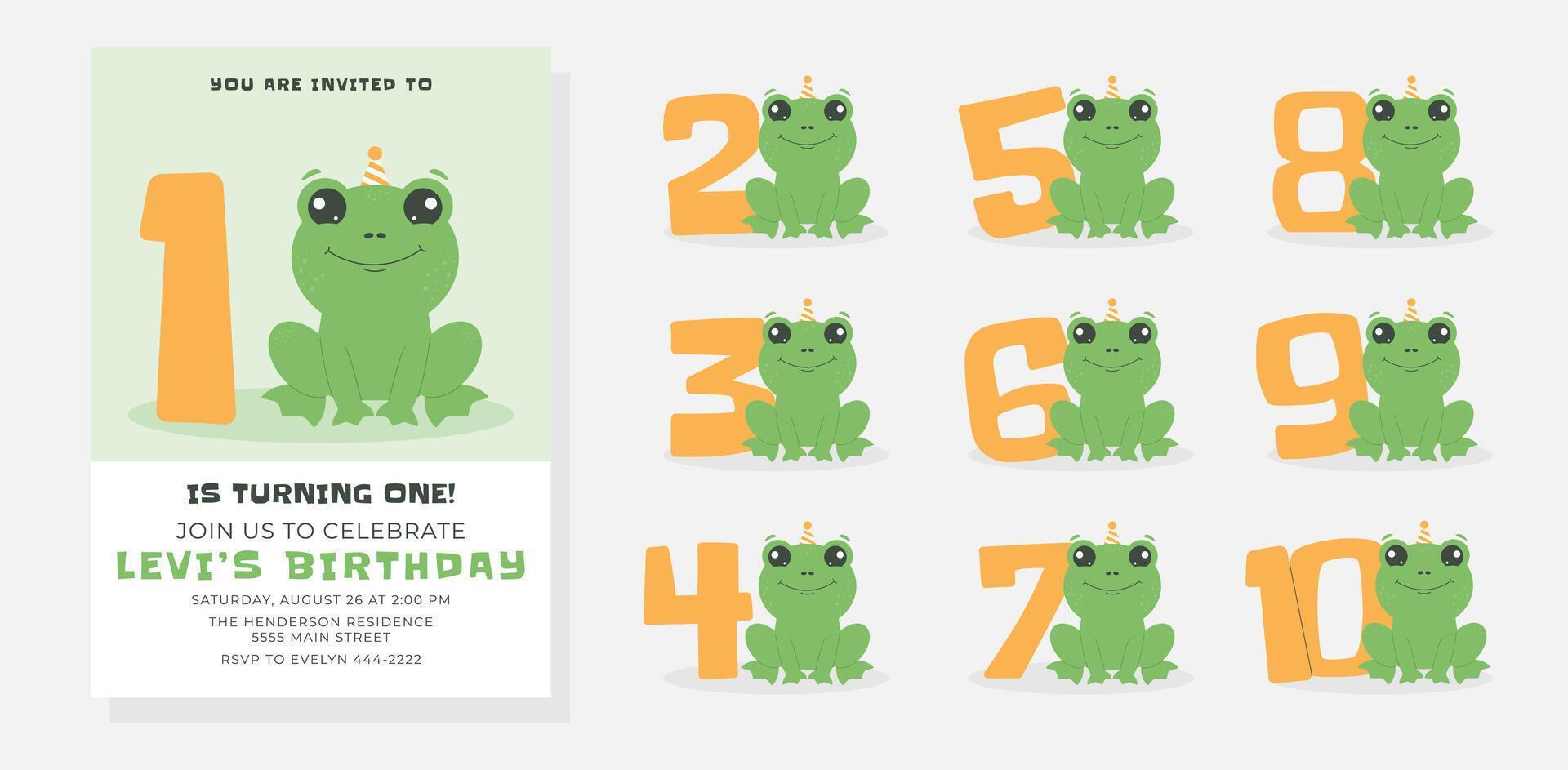 Greeting and invitation card for kids Birthday party. Cute frog and set of numbers with amphibian in flat childrens style. illustration collection, design for card, poster, event, banner vector