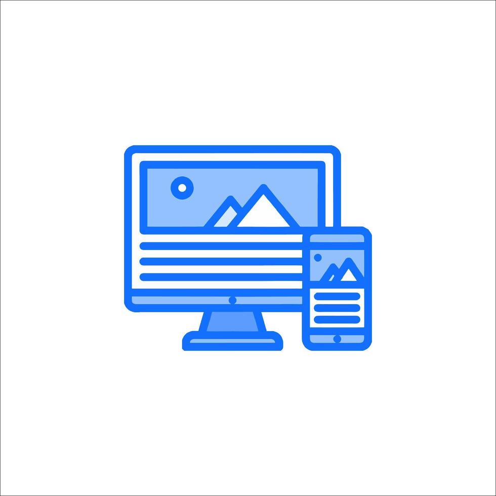 A computer monitor and phone with a mountain in the background vector