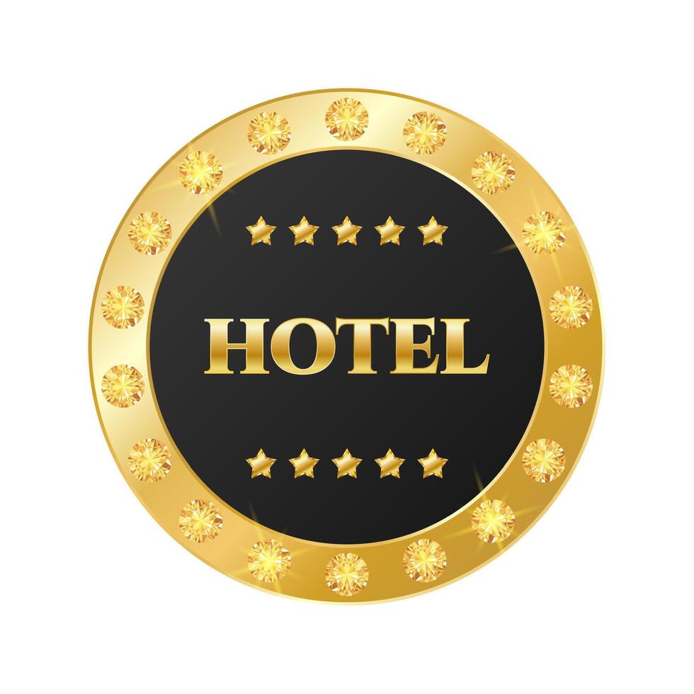Hotel signboard with five 5 golden metallic stars and diamond. Emblem, label, icon template. illustration vector