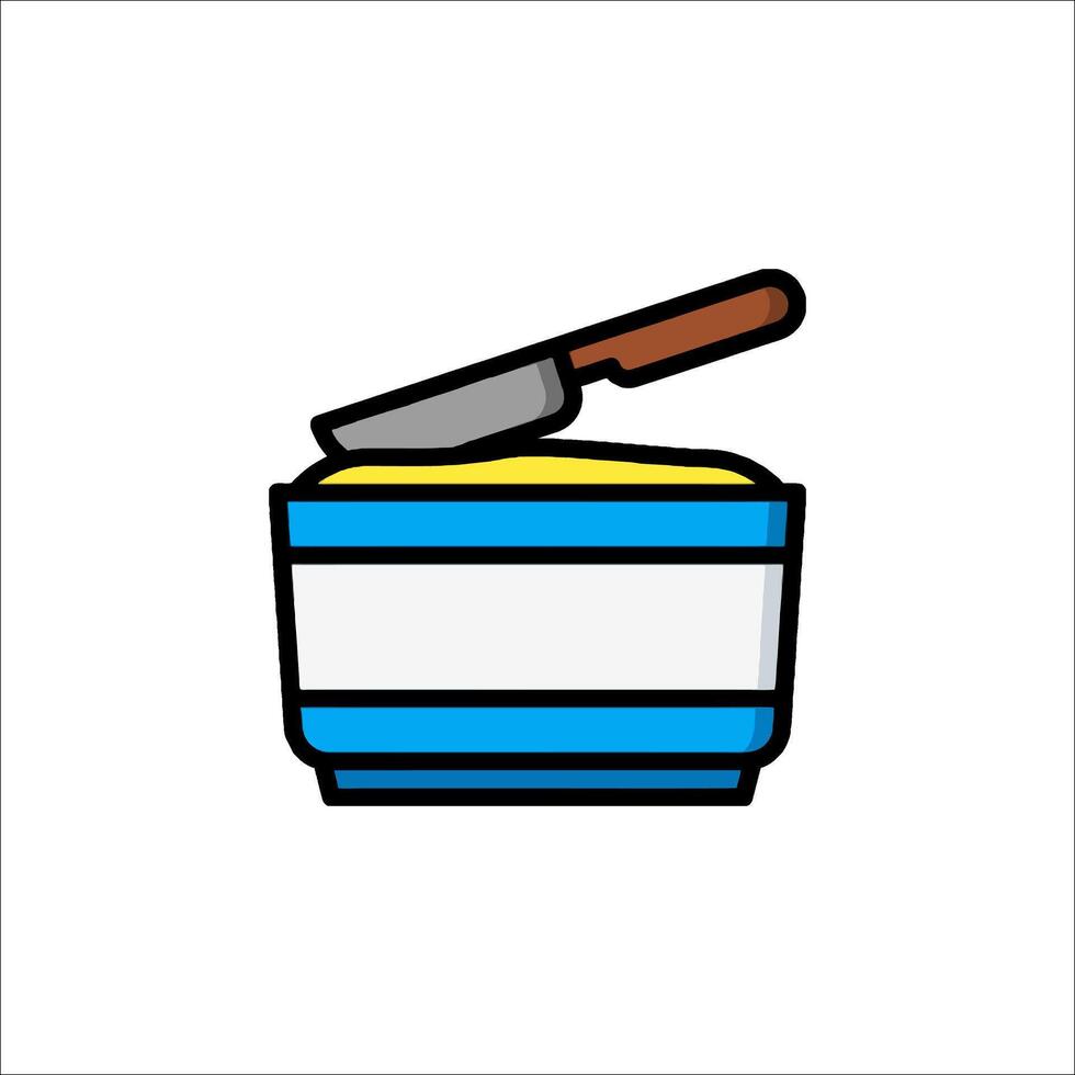 A blue and white container with a knife in it vector