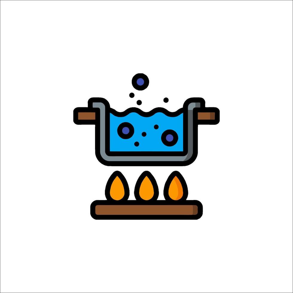 A blue and white icon of a pot with water and a flame vector