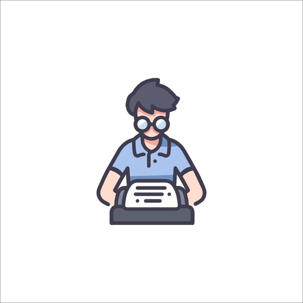 A man in glasses is sitting at a desk with a computer vector