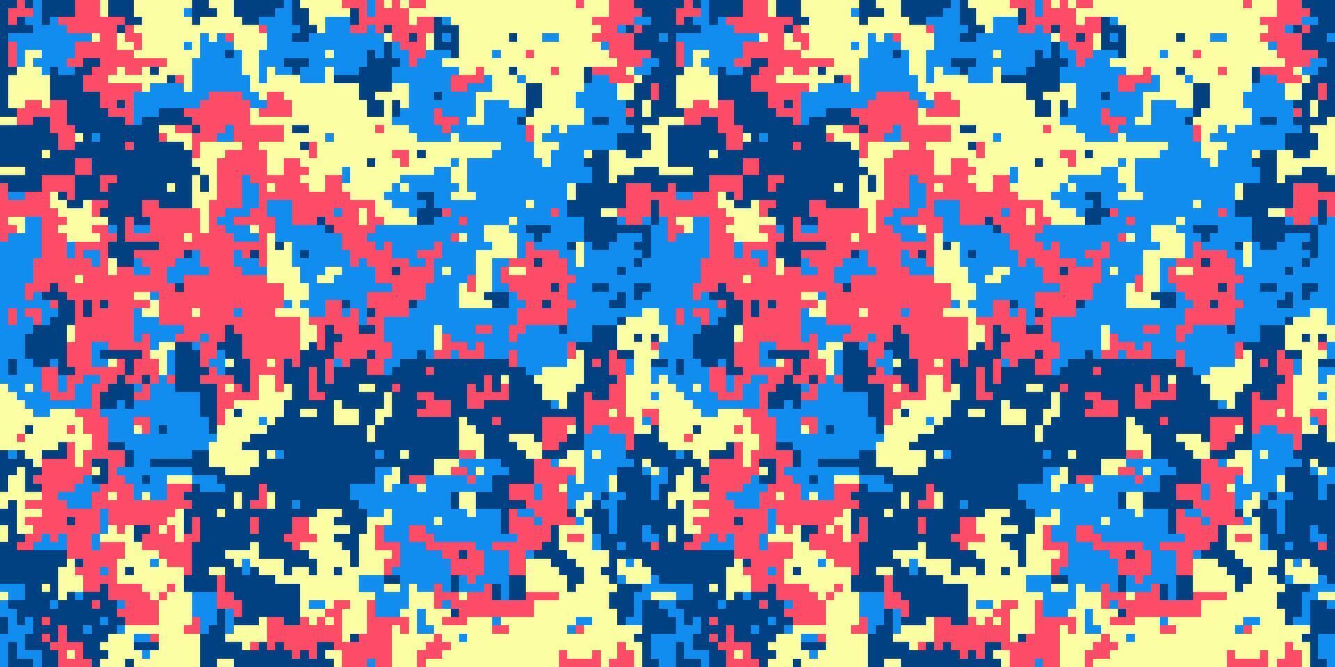 Abstract pixelated camouflage pattern in vibrant pink, blue, and yellow hues. Perfect for fashion, textiles, and digital designs. A bold, modern take on a classic motif. vector