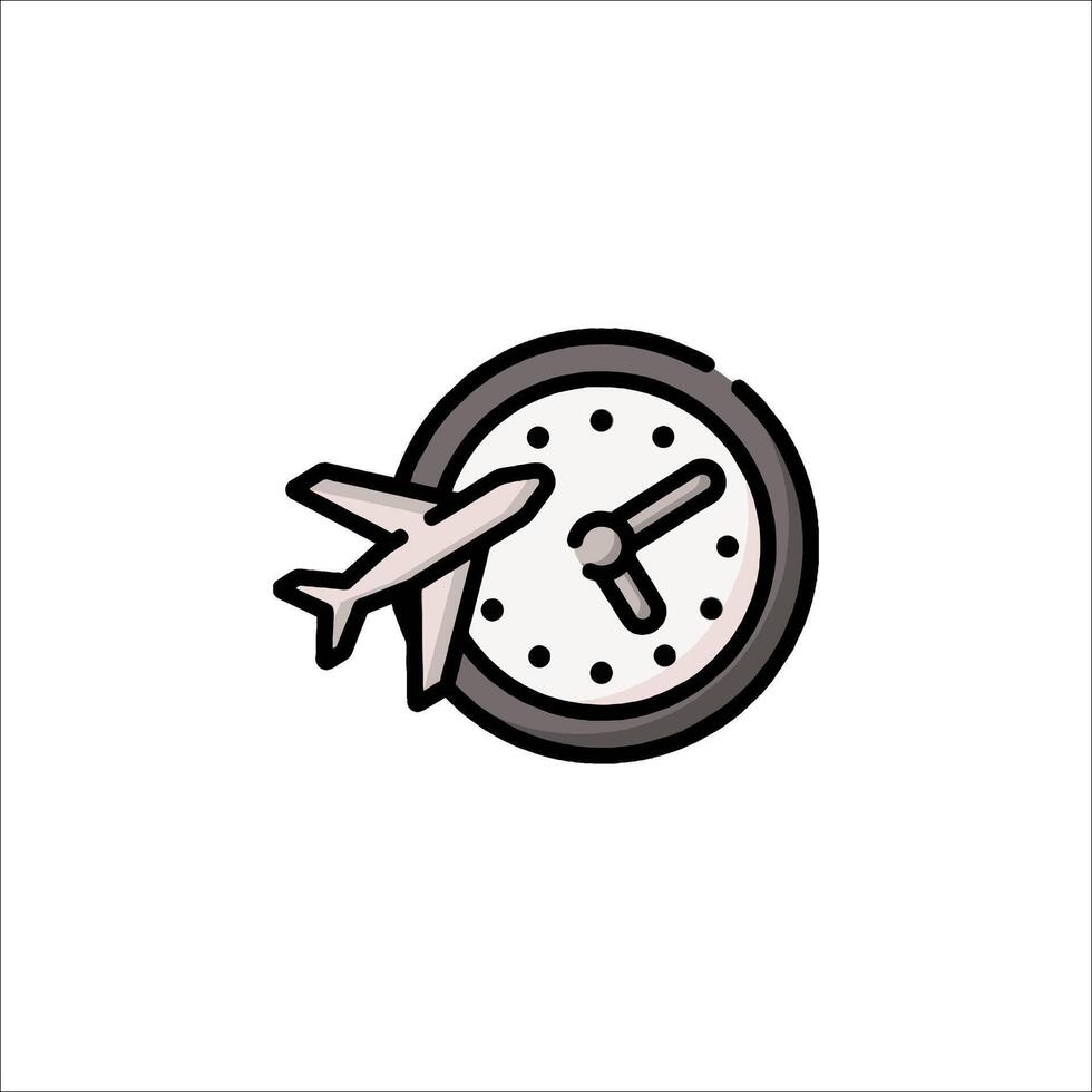 A clock and an airplane are shown in a flat line style vector