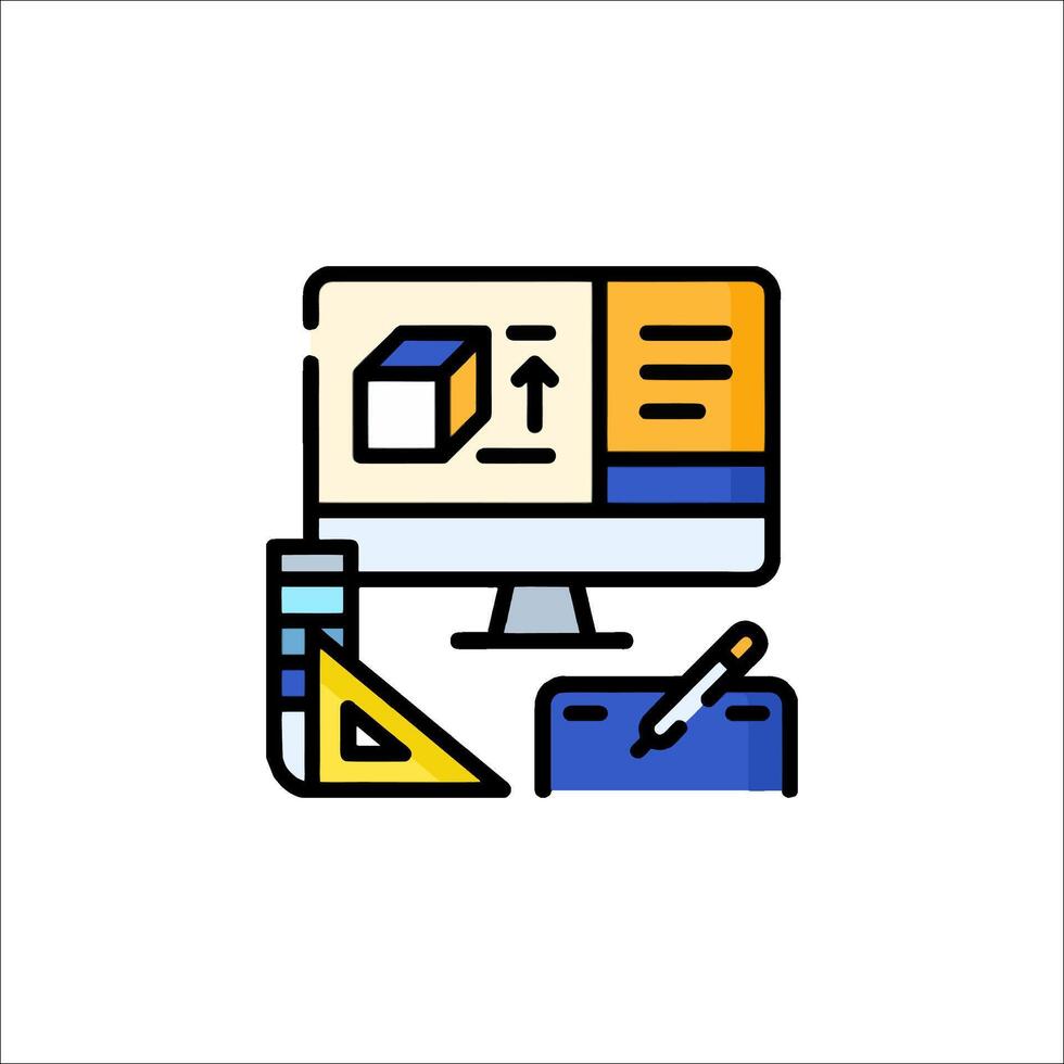 A computer and a pencil are shown in a line drawing vector