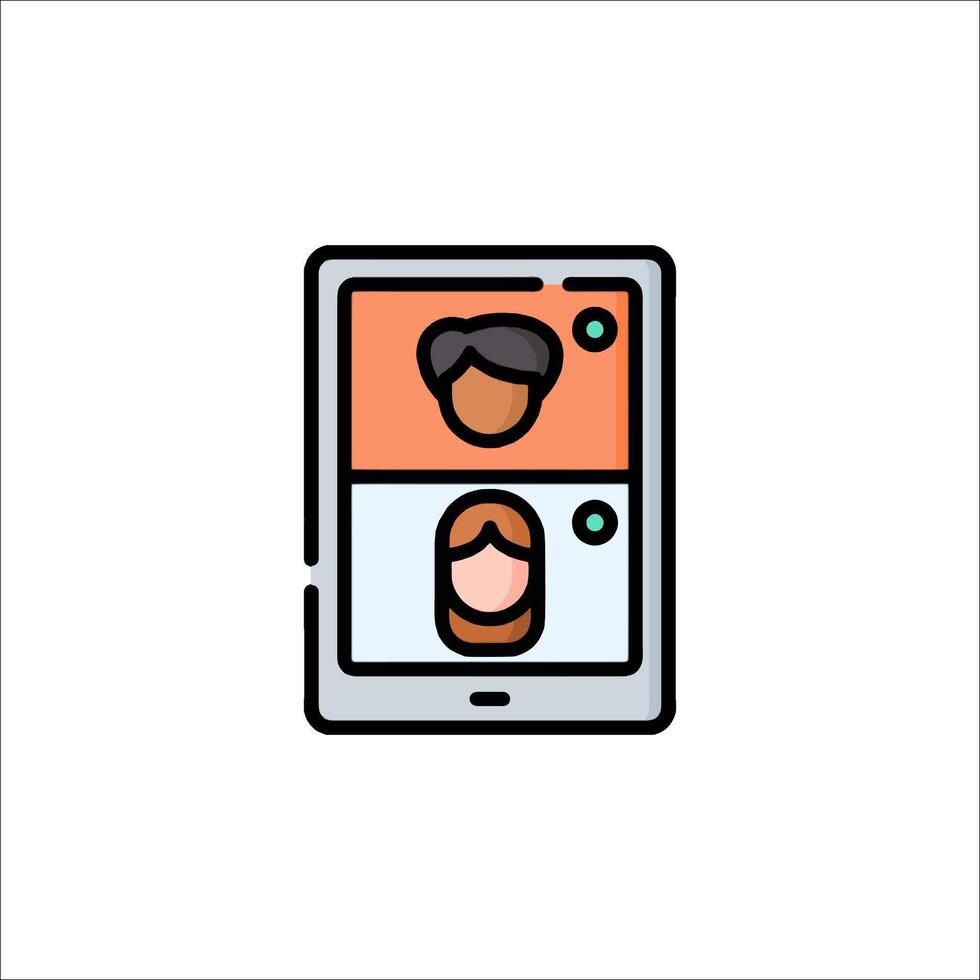 A tablet with two people on it, one on the left and one on the right vector