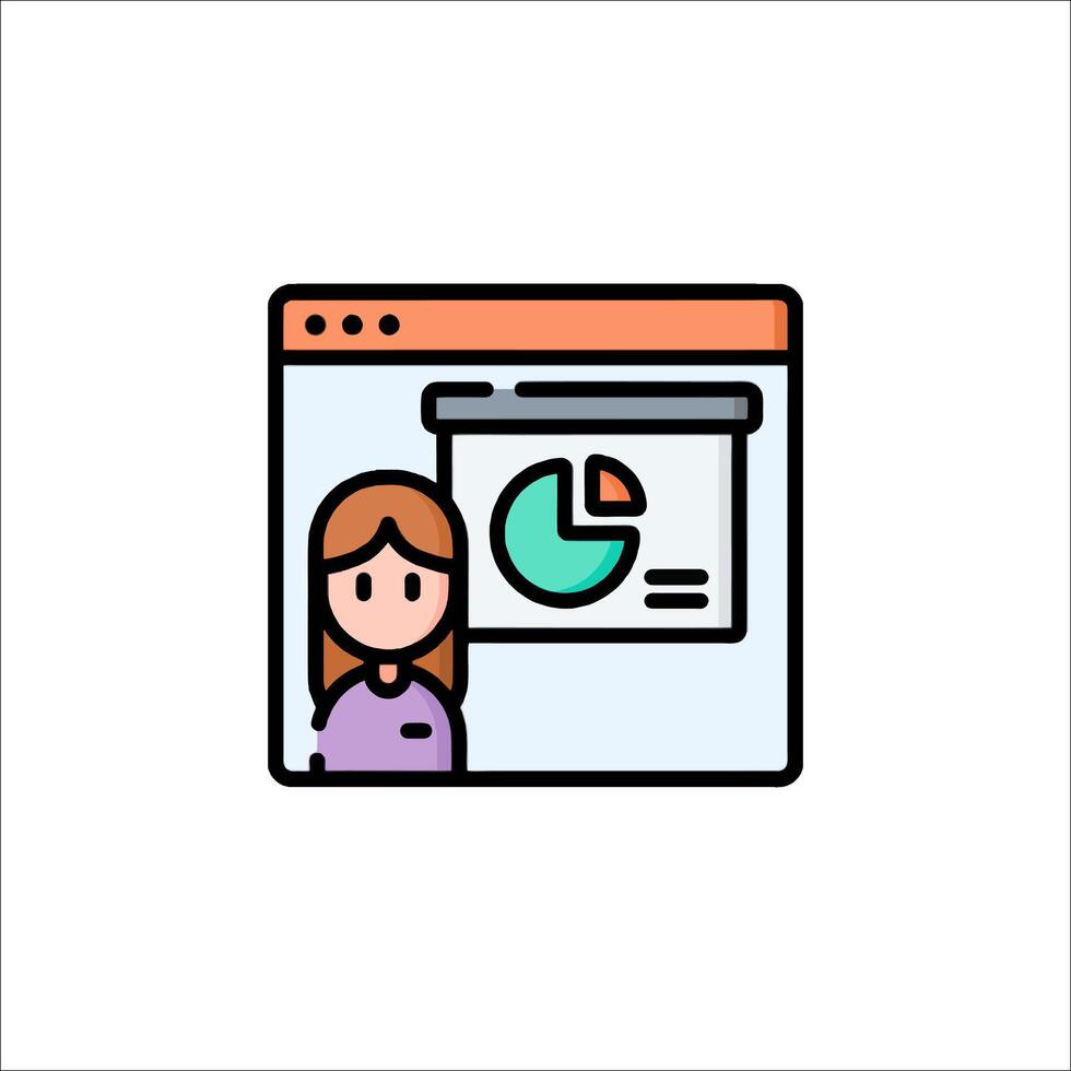 A woman is looking at a computer screen with a pie chart vector