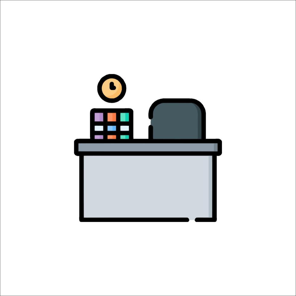 A desk with a clock on it and a chair vector