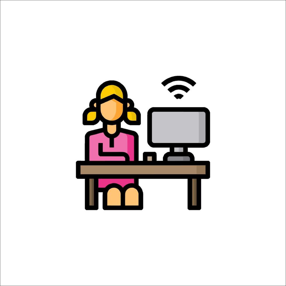 A woman sitting at a desk with a computer vector