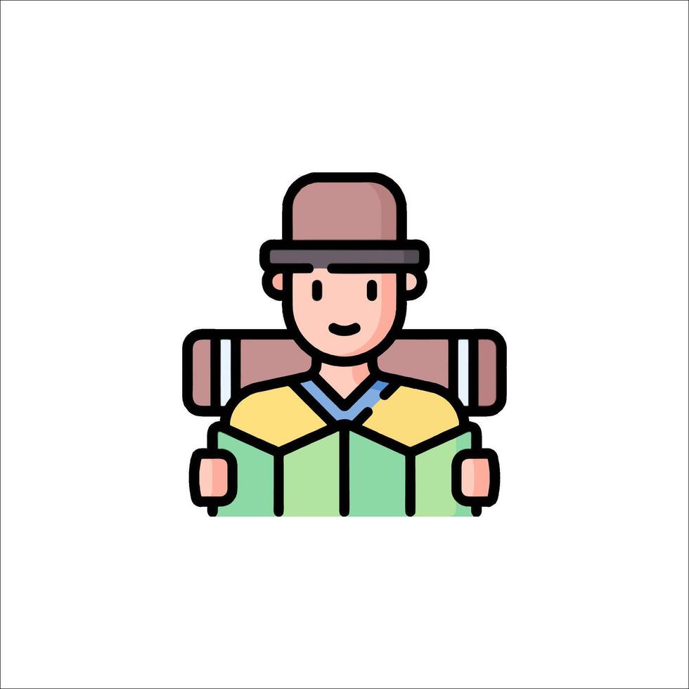 A man with a backpack and hat is shown in a flat style vector