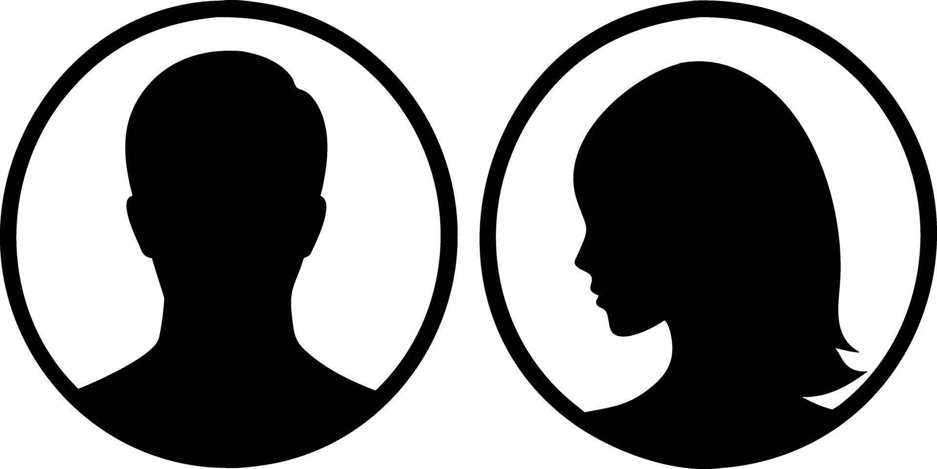Male an Female Head Silhouette, Black Icon in Circle Shape, Minimalist Portrait Avatar and vector