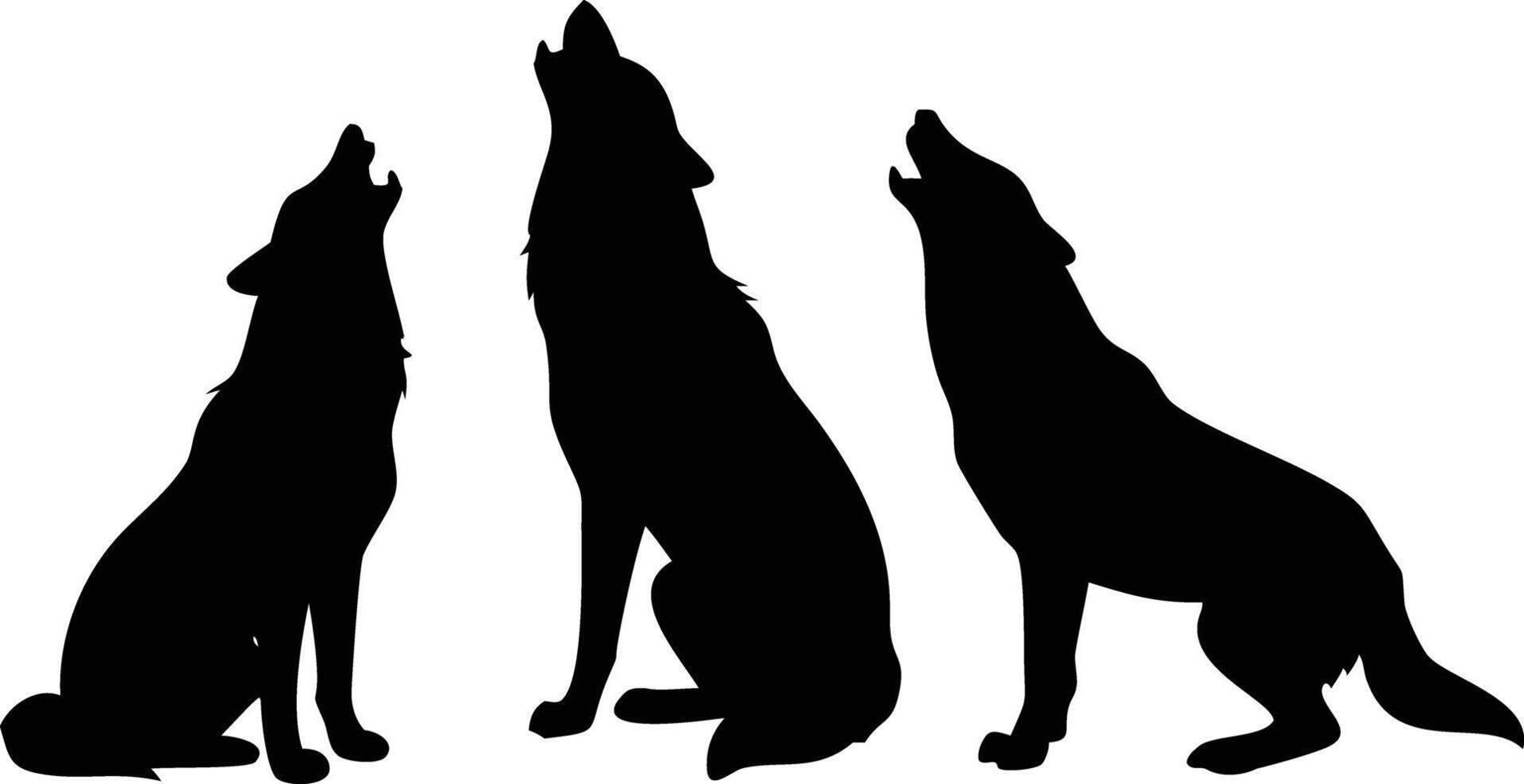 Trio Howling Wolves Silhouettes, Pack of Wolves, Wild Animal, Black and White, Isolated vector