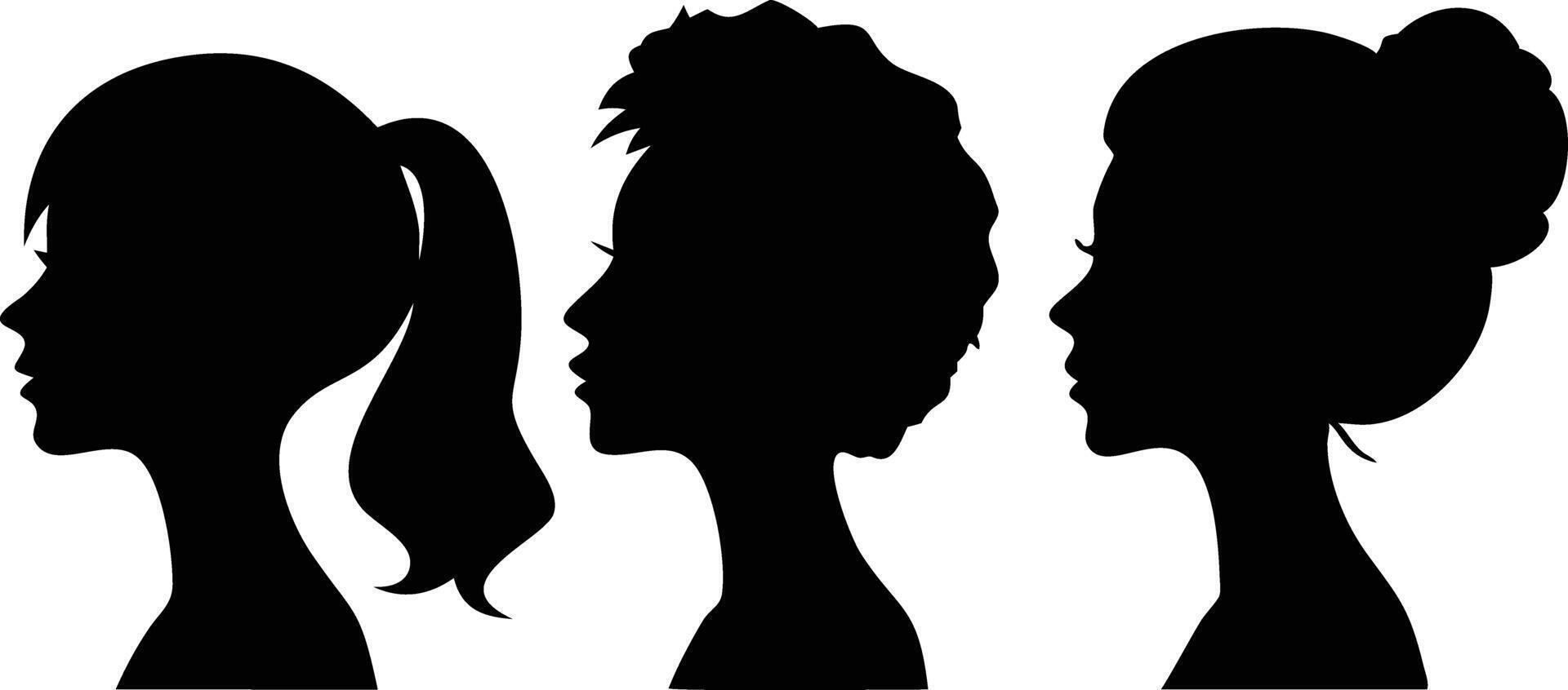 Silhouettes of Diverse Women Hairstyle Variations in Black Color isolated on White vector