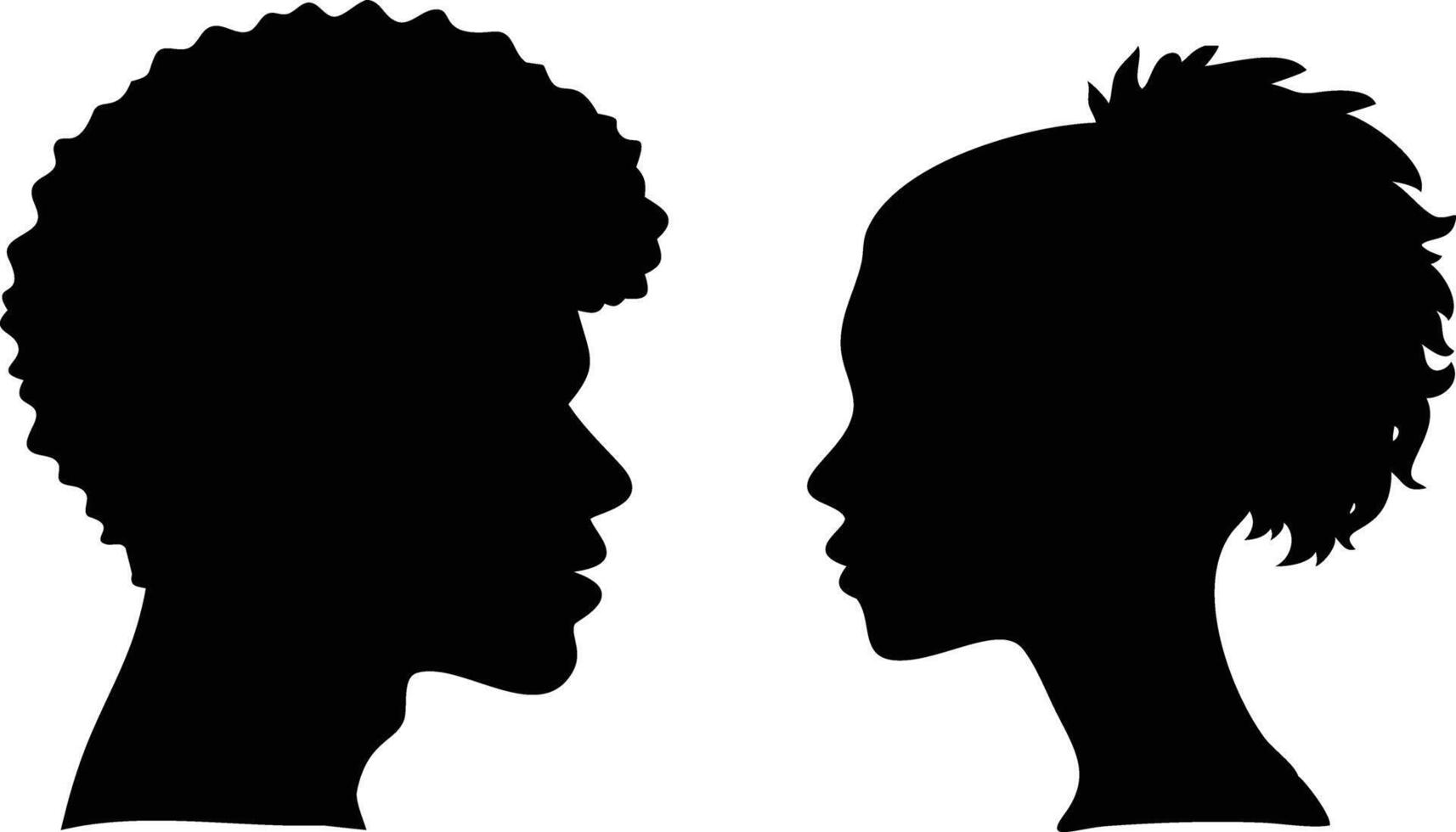 Two African Silhouettes, Man with Afro and Woman Facing Each Other, Black Profile, White vector