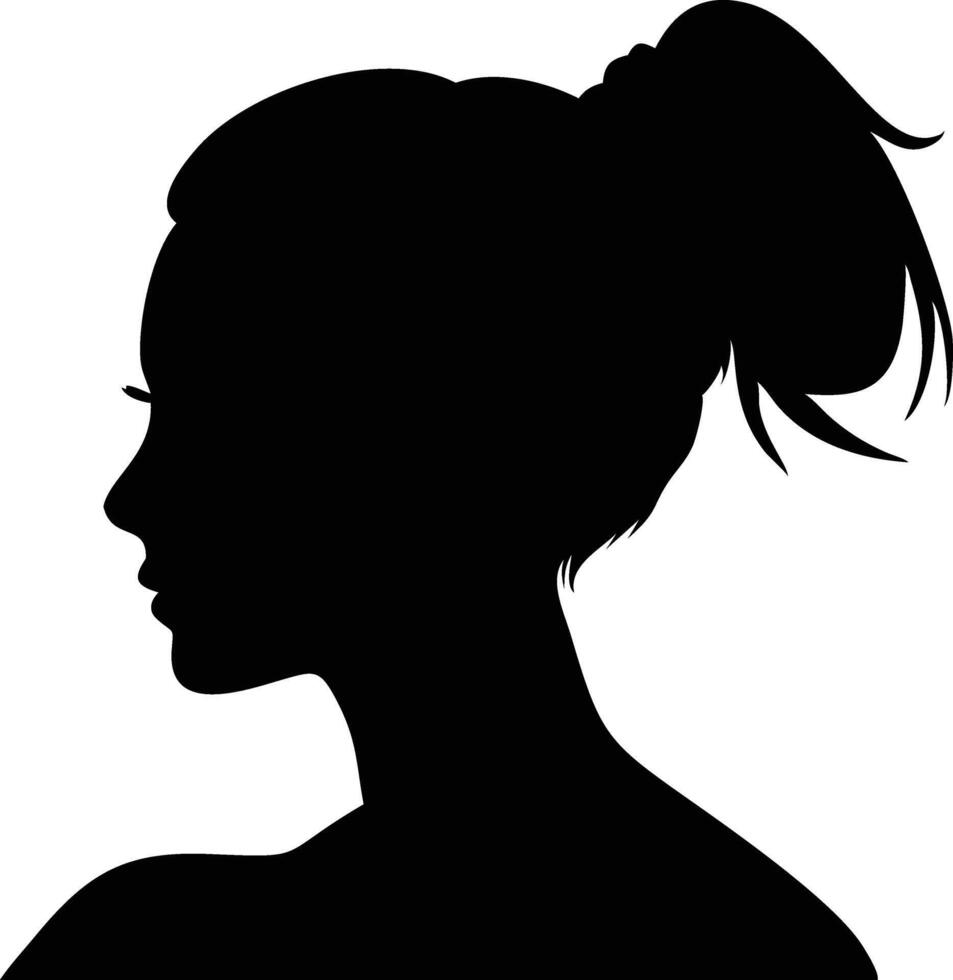 Woman Silhouette Profile with Ponytail Hairstyle, Isolated Black Design on White vector