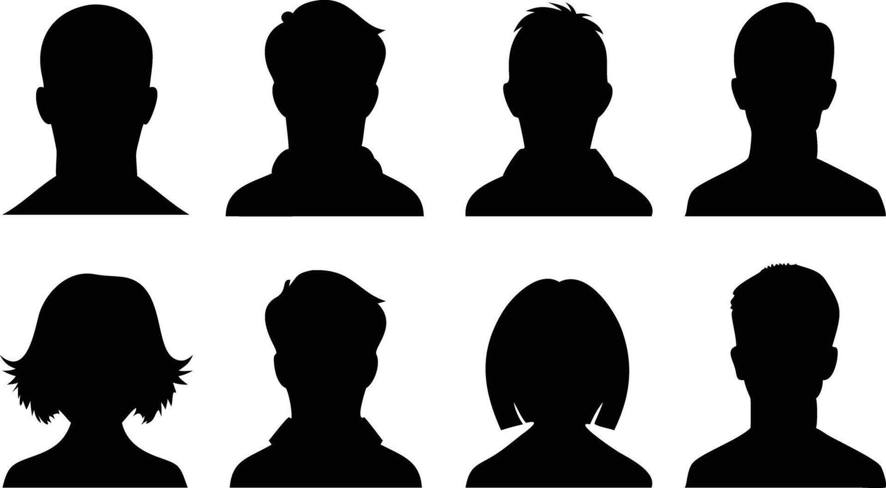 Diverse Silhouette Heads Eight Isolated Black Avatars on White Background vector