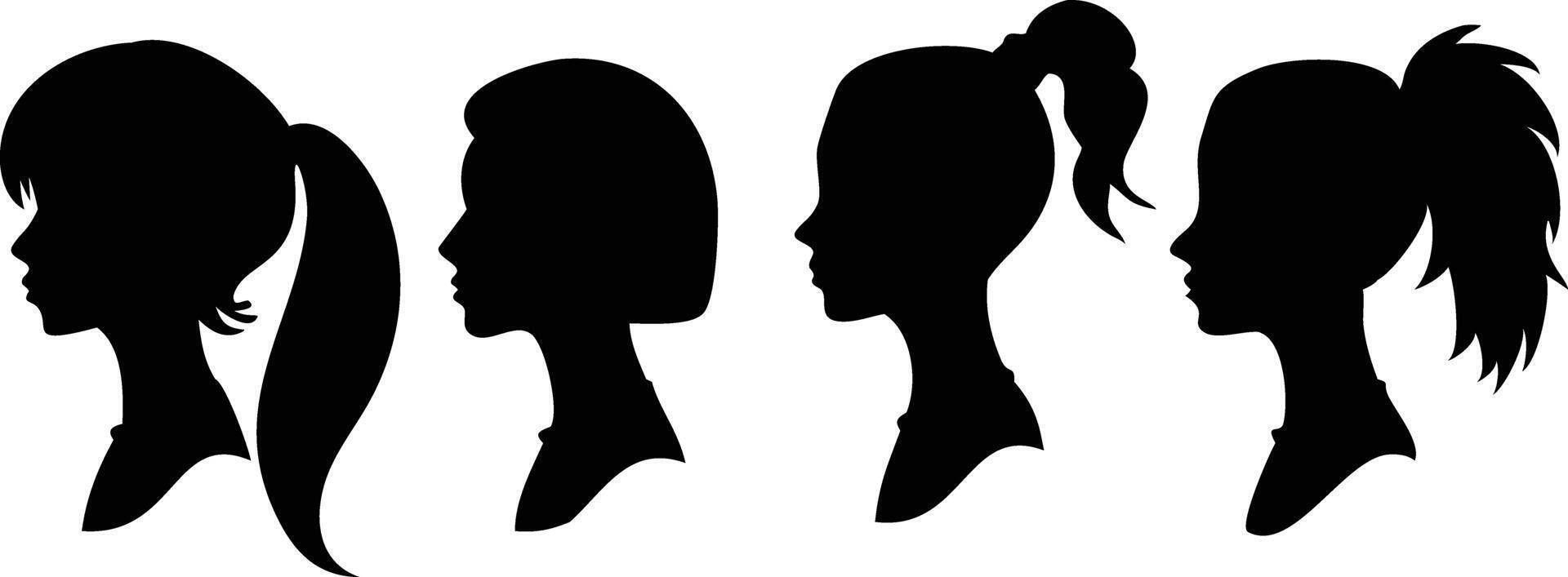 Female Head Silhouettes Diverse Hair Styles, Ponytails, Elegant Portraits in Black vector