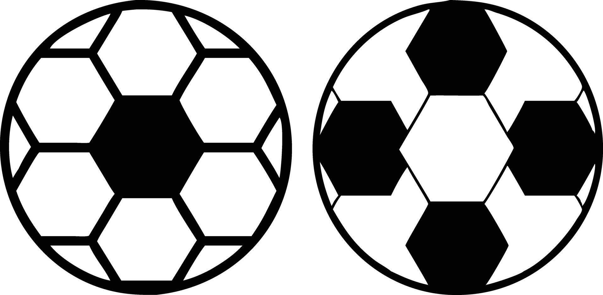Two Black and White Soccer Balls Icons, Sport Equipment, Hexagon and Pentagon Pattern vector