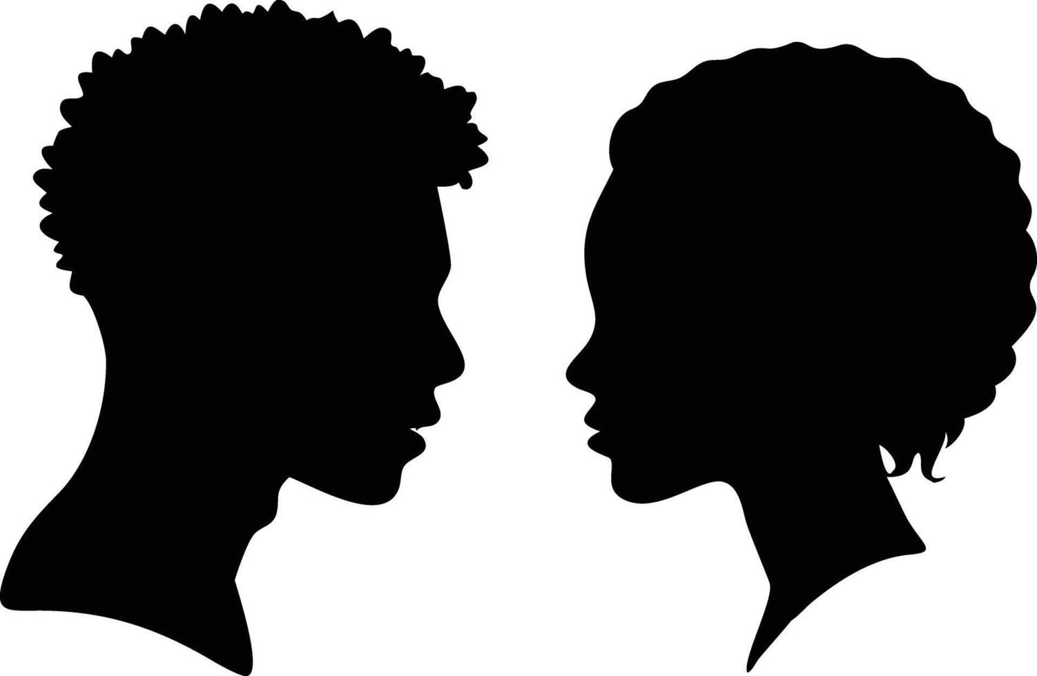 African Couple Silhouette Man and Woman Profiles with Curly Hair, Facing Each Other vector