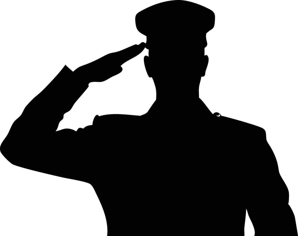 Silhouette of a Man in Military Uniform Giving a Salute with Flat Cap on White vector