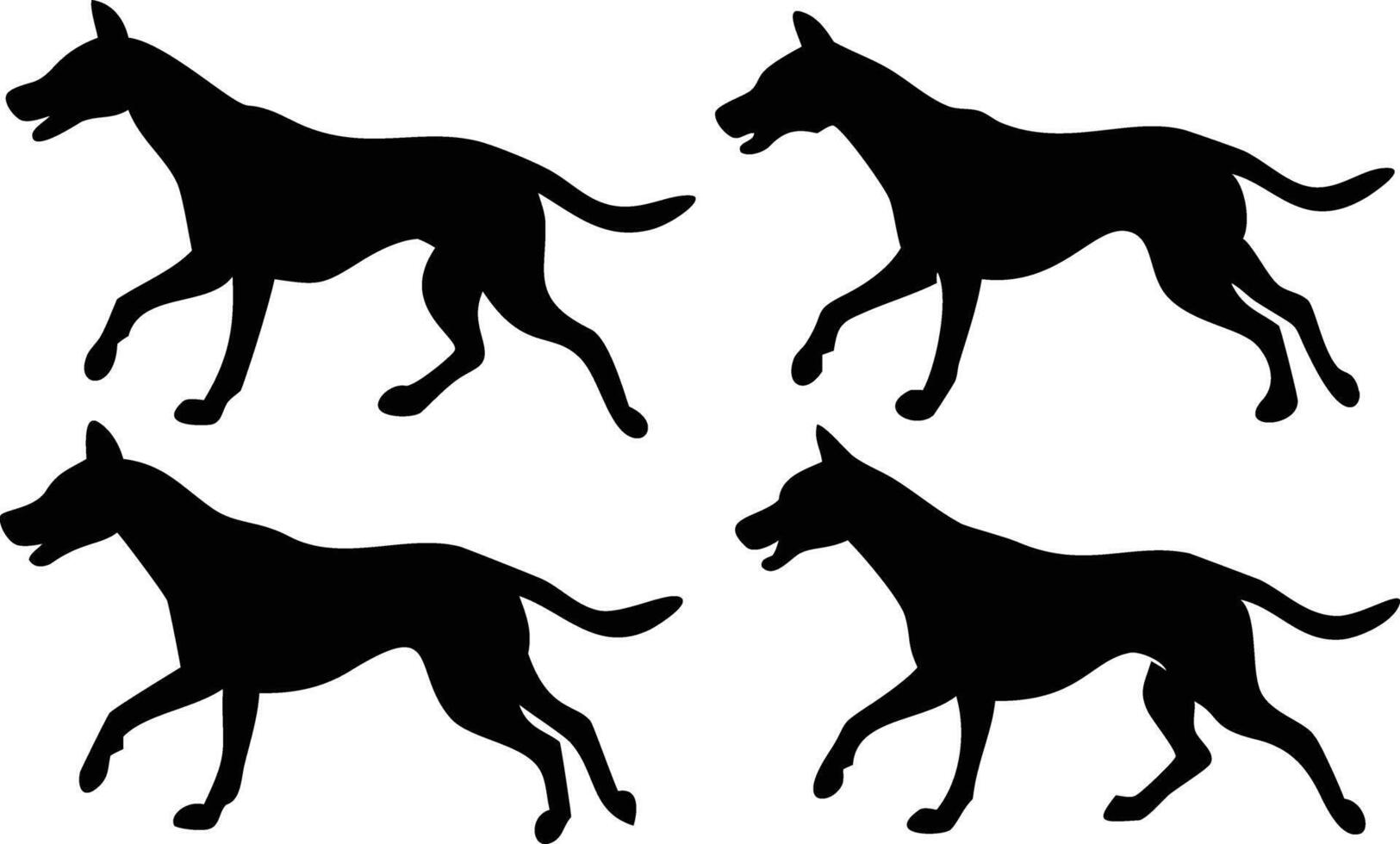Four Black Dog Silhouettes, Running Canines Isolated on White, Animal, Mammal, Pet vector