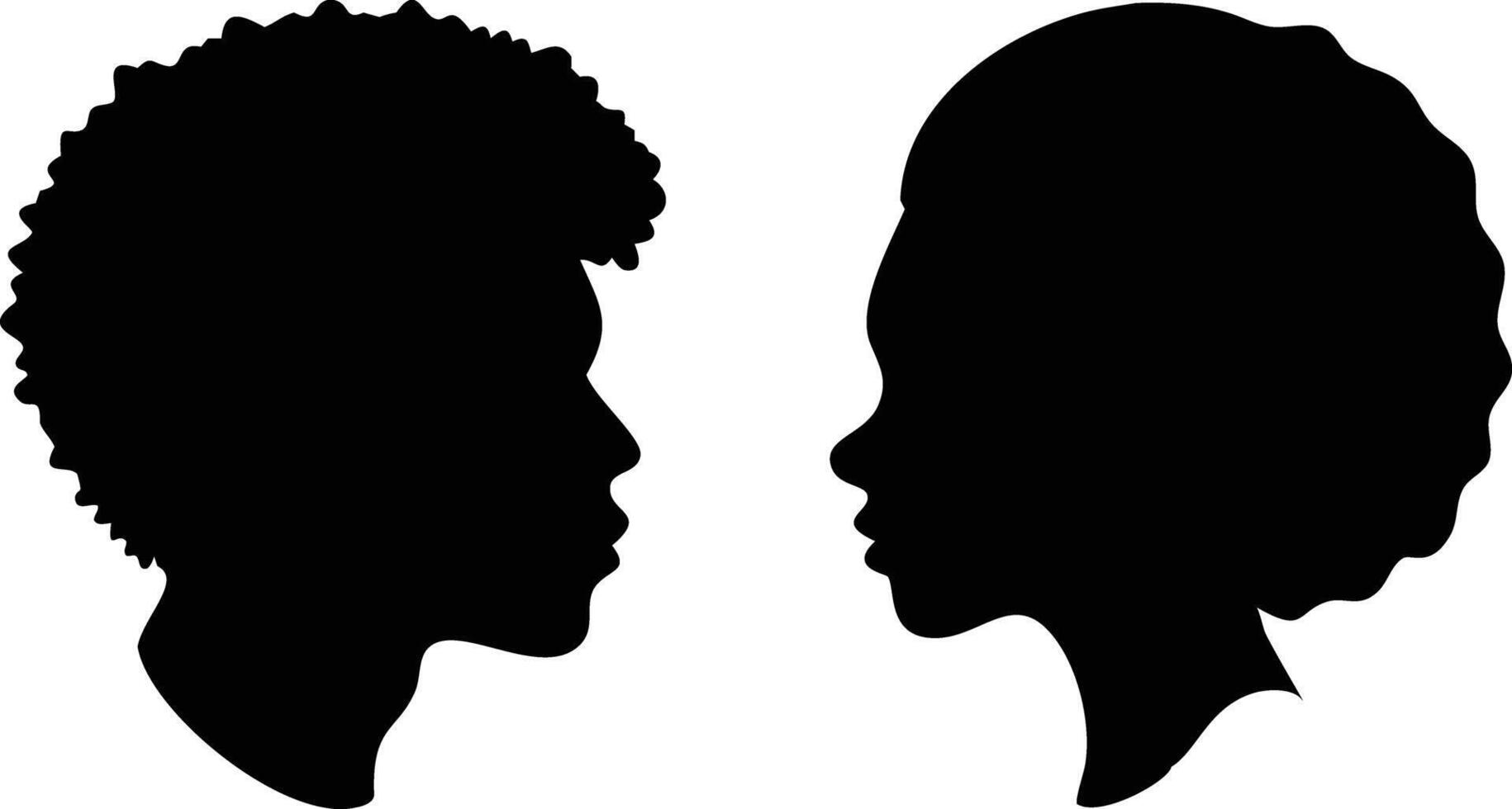 Afro Silhouette Black Woman and Man, Hair, Isolated, Black and White, Side Profile Portrait vector