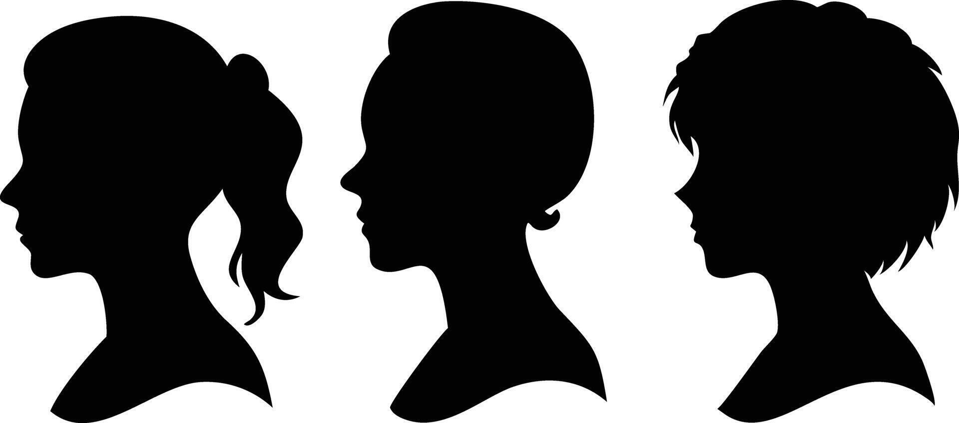 Black Silhouettes of Three Women, Diverse Hairstyles, Profile Views, Isolated on White vector