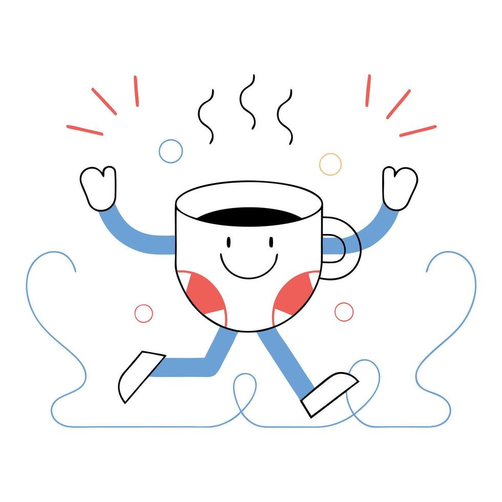 Joyful Coffee Cup Character Running with Excitement, Cartoon for Morning Energy and Happiness, Modern Design vector