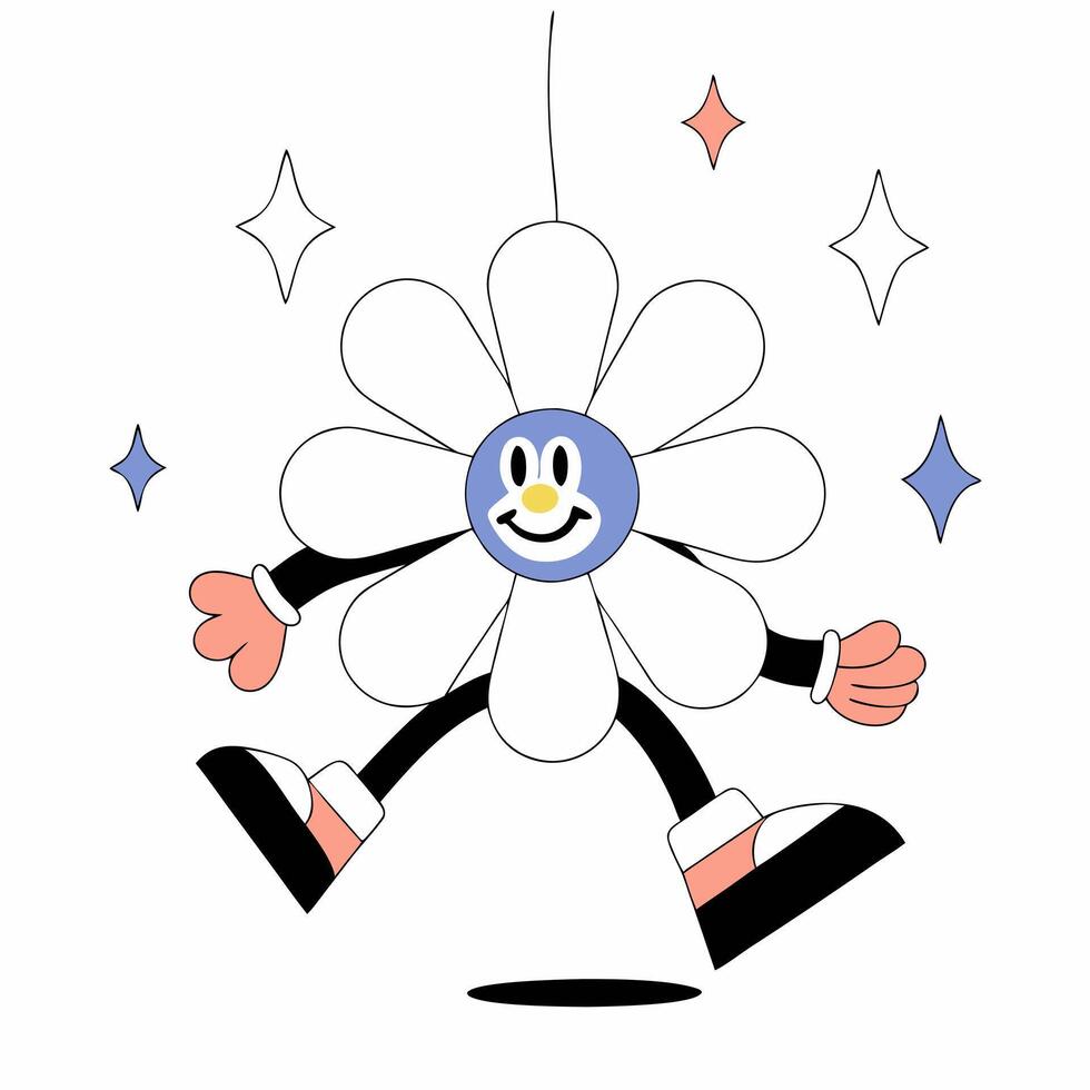 Retro Cartoon Flower Character with Face, Arms, Legs, Shoes, Hanging with Sparkling Star Decorations vector