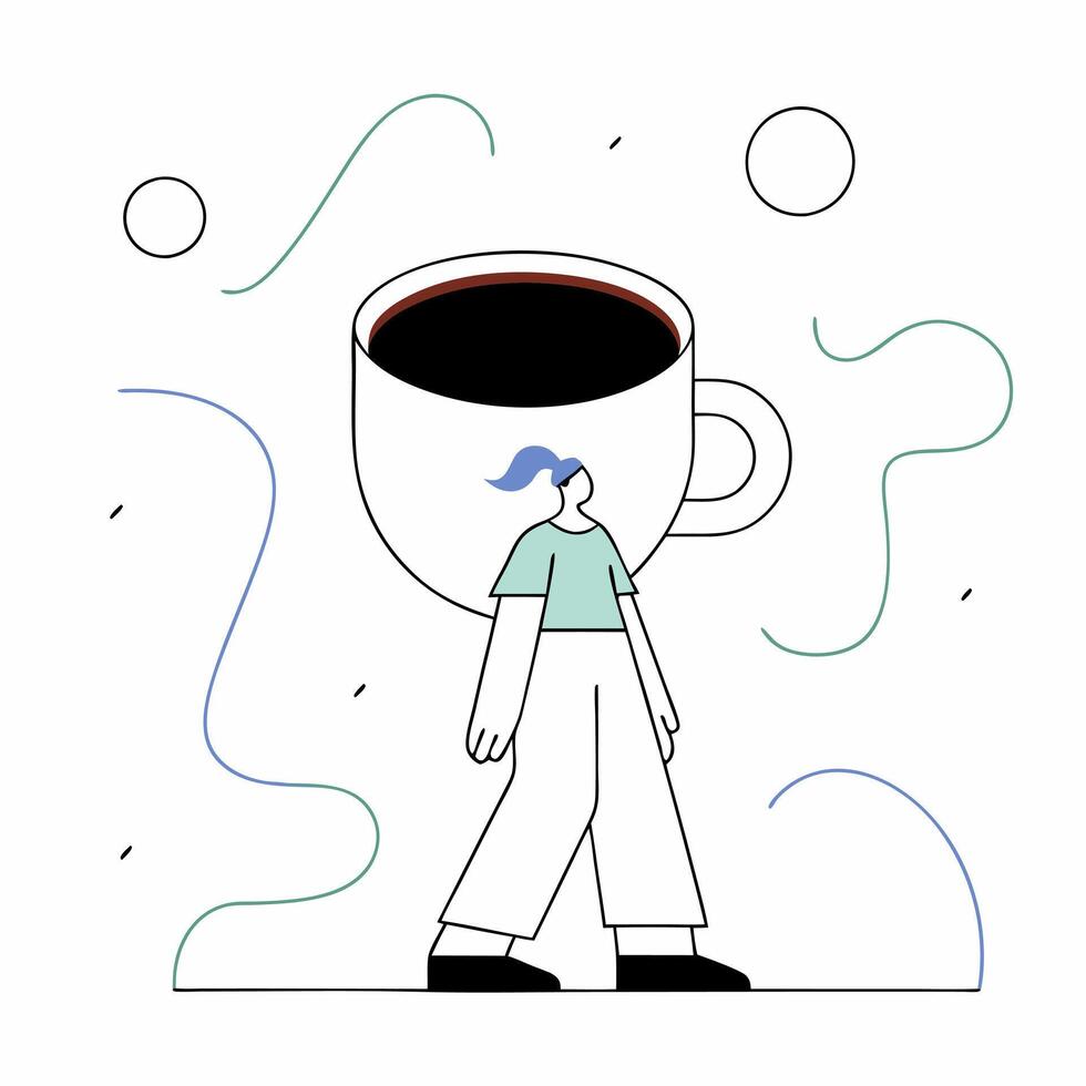 Minimalist of a Woman Carrying a Large Coffee Cup with Abstract Lines and Shapes on White Background vector